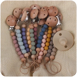 Beech Wood Chew Silicone Bead Pacifier Clips Dummy Chain Holder Newborn Soother Chains Nipple Holder Baby Teething Toys Gifts