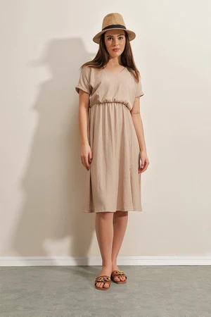 Bigdart 2378 V-Neck Knitted Dress with Slits - Biscuit