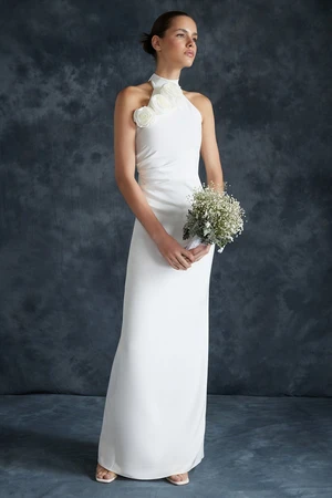 Trendyol Bridal White Rose Detailed Woven Elegant Evening Dress