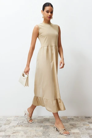 Trendyol Beige Sleeveless Skirt Frilly Single Jersey-Poplin Knitted Dress