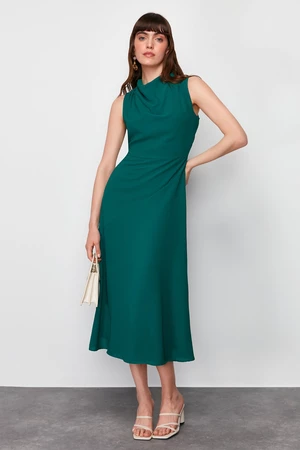 Trendyol Emerald Green Degaje Collar Skirt Cut Detail Midi Woven Dress