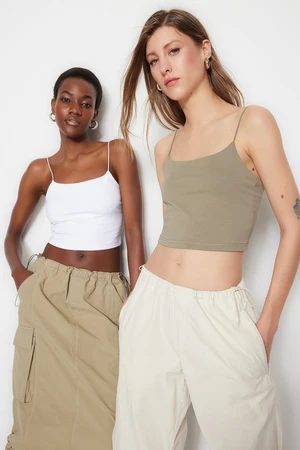 Trendyol Khaki-White 2 Pack Cotton Spaghetti Strap Crop Flexible Knitted Undershirt