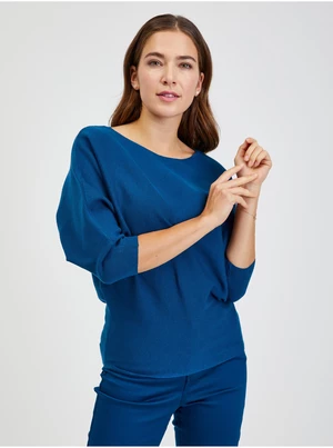 Blue women's ribbed sweater with batwing sleeves ORSAY