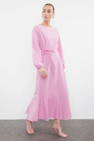 Trendyol Pink Knitted Belted Woven Cotton Dress