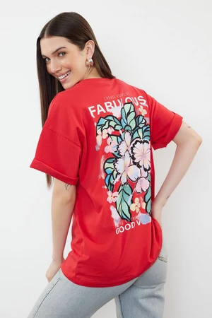 Trendyol Red 100% Cotton Back and Front Printed Oversize/Wide Cut Knitted T-Shirt