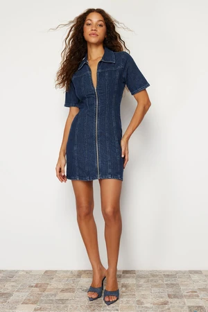 Trendyol Dark Blue Zippered Fitted Mini Denim Dress