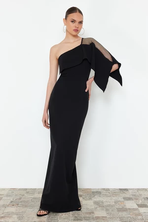 Trendyol Black Body-Fitting Stone Accessory One Sleeve Long Evening Dress