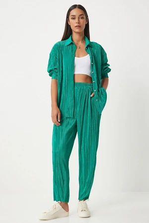 Happiness İstanbul Women's Green Stylish Button-Pleated Shirt and Trousers Suit