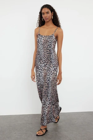 Trendyol Brown Leopard Patterned Bodycone/Sleeping Strap Knitted Maxi Dress