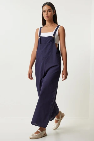 Happiness İstanbul Women's Navy Blue Strappy Thin Gabardine Summer Gardener Overalls