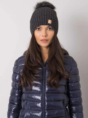 Dark gray hat with pompom