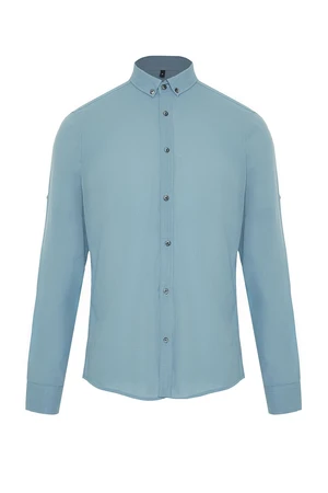 Trendyol Blue Slim Fit Button Collar 100% Cotton Shirt with Epaulettes