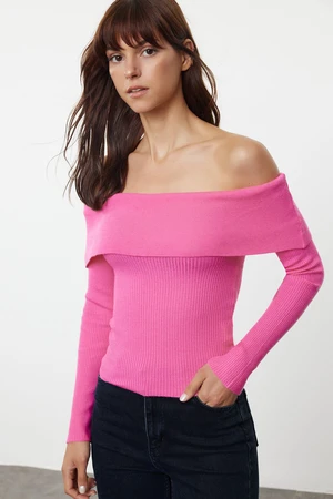 Trendyol Pink Premium Yarn/Special Yarn Carmen Collar Knitwear Sweater