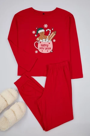 Trendyol Red 100% Cotton Christmas Themed Knitted Pajama Set