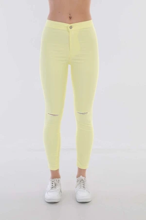 BİKELİFE Women's Yellow High Waist Lycra Ripped Detailed Leggings Trousers.