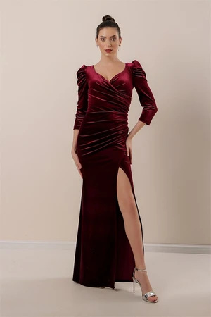 By Saygı Pleated Slit Long Velvet Dress