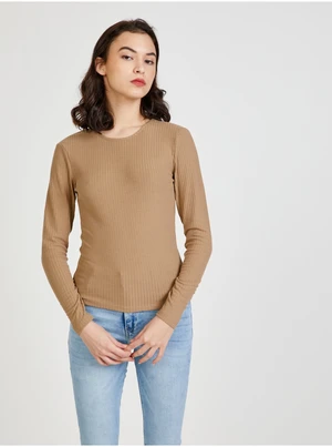 Brown Women's Ribbed T-shirt with neckline ONLY Nella - Women