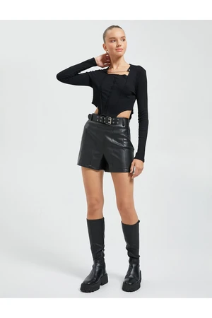 Koton Long-Sleeved T-Shirt Choker Collar Chain Detail Corset-Look.