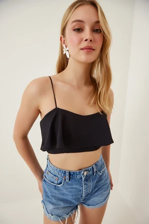 Happiness İstanbul Women's Black Strapless Ruffle Crepe Crop Blouse