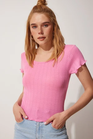 Happiness İstanbul Women's Pink U-Neck Knitted T-Shirts