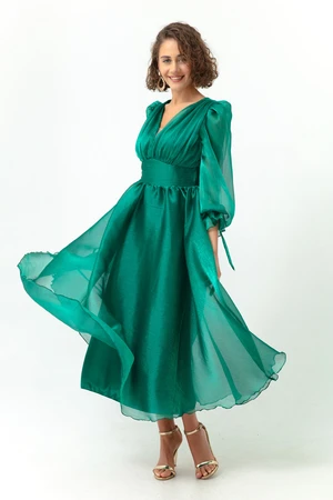 Lafaba Women's Emerald Green Balloon Sleeve V-neck Midi Evening Dress.