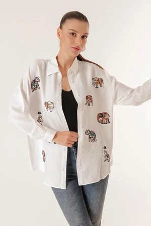 By Saygı Elephant Embroidery Oversize Crepe Linen Shirt