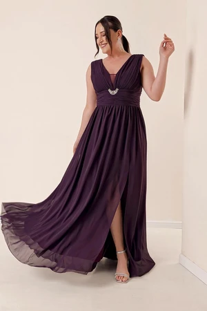 By Saygı Front Back V-Neck Stone Detailed Waist Draped Plus Size Chiffon Long Dress with a Front Slit Purple