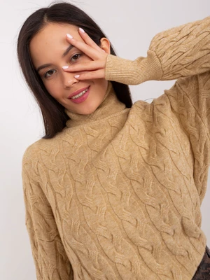 Women's camel turtleneck sweater with cables