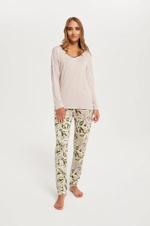 Indonesian Women's Long Sleeve Pajamas, Long Pants - Beige/Print