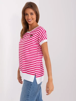 Fuchsia and white casual blouse with short sleeves