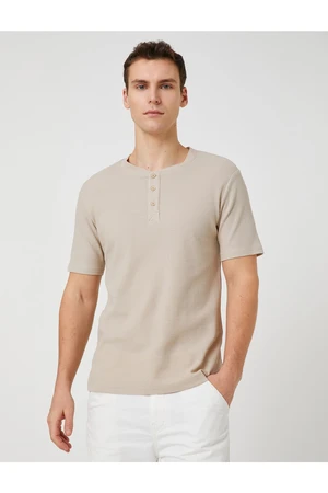 Koton Basic T-shirt With a Wide Collar Buttons, Slim Fit Short Sleeves