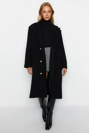 Trendyol Black Oversize Wide Cut Gold Button Detailed Long Stamped Coat