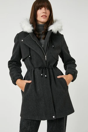 Koton Hooded Coat Plush Detailed With Tie Waist