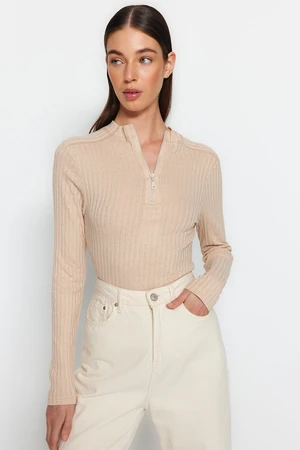 Trendyol Beige Zipper Collar Fitted/Situated Ribbed Stretch Knit Blouse