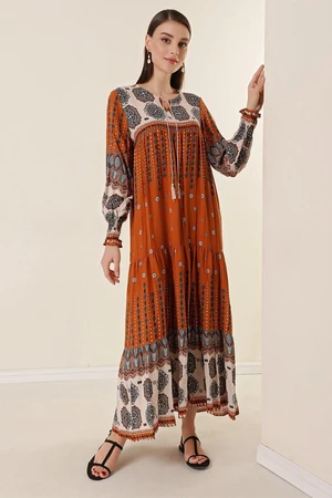 By Saygı Lace-Up Patterned Long Dress With Tile Tile