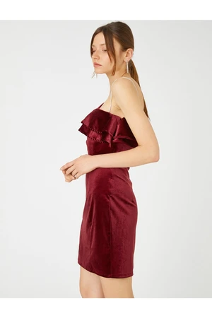 Koton Velvet Mini Evening Dress With One Shoulder Ruffle Stone Detailed.