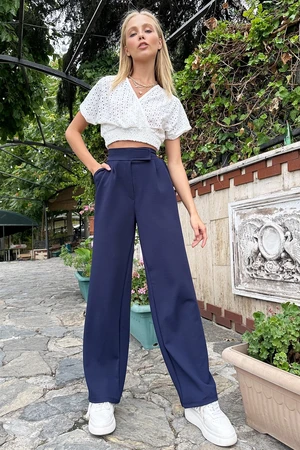 Trend Alaçatı Stili Women's Navy Blue High Waist Double Pocket Pleated Velcro Closure Palazzo Trousers