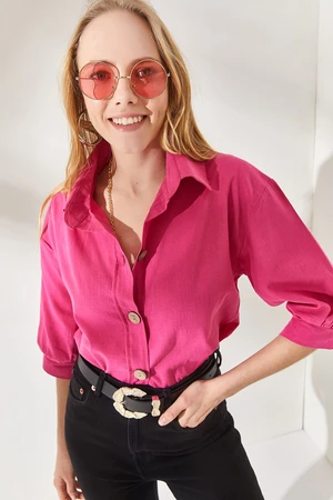 Olalook Women's Flared Fuchsia Wooden Buttoned Three Quarter Sleeve Linen Shirt