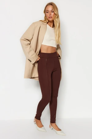 Trendyol Brown Satin Pile Detailed High Waist Interlock Knitted Leggings