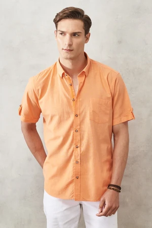 AC&Co / Altınyıldız Classics Men's Orange Comfort Fit Button-down Collar Linen Look 100% Cotton Short Sleeve Shirt.