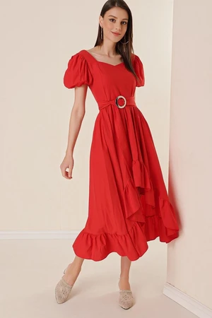 By Saygı Sweetheart Collar Belted Short Watermelon Sleeve Asymmetrical Dress Red