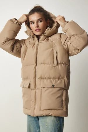 Happiness İstanbul Women's Beige Hooded Down Jacket