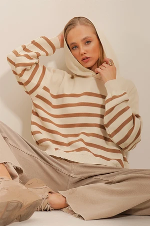 Trend Alaçatı Stili Women's Biscuit Hooded Striped Winter Knitwear Sweater