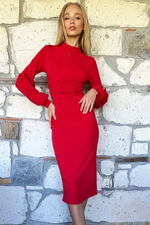 Trend Alaçatı Stili Women's Red Draped Waist Stand Up Collar Balloon Sleeve Dress