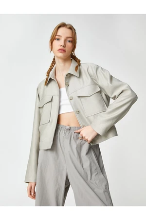 Koton Crop Shirt Jacket Long Sleeved Pocket Detailed Classic Collar With Buttons.