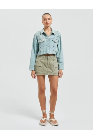 Koton Crop Denim Jacket Cotton with Staples Detailed Flap, Double Pocket.