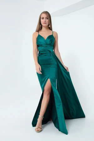 Lafaba Women's Emerald Green Straps Long Satin Evening Dress & Prom Dress