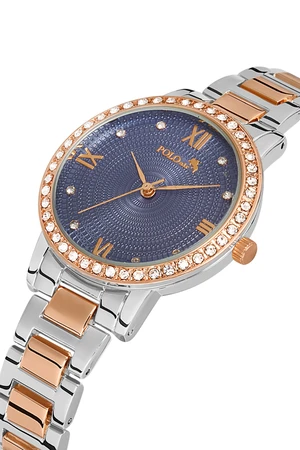 Polo Air Single Row Luxury Stone Women's Wristwatch with Roman Numerals, Silver, Copper-Navy Blue Color