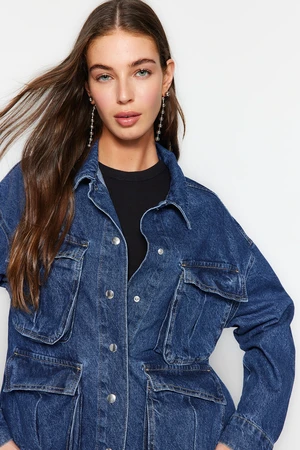 Trendyol Dark Blue Oversized Denim Jacket with Cargo Pocket