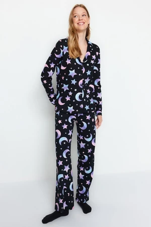 Trendyol Black and Black 100% Cotton Galaxy Printed Shirt-Pants Pajamas Set